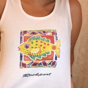 VINTAGE white cropped Rockport tank with fish
